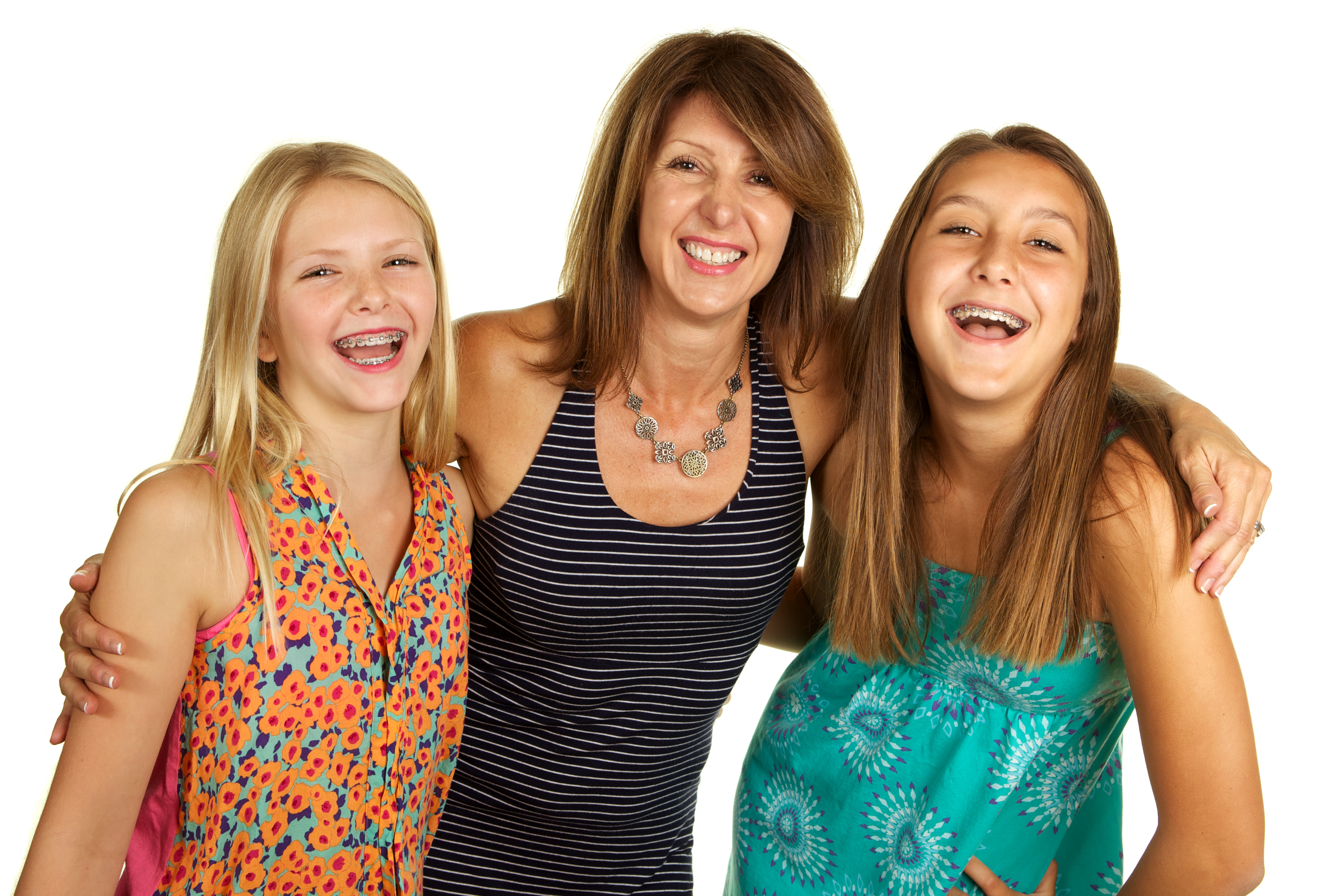 Mother and Daughters Laughing on a White Background