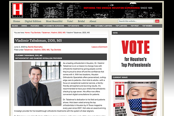 Dr. Vladimir Tabakman's article he was featured in for the H Texas magazine on June 2, 2020